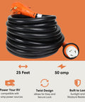 Heavy Duty 50 Amp Locking Extension Cord 25 Foot Black Beefed Up Industrial Grade Power Cable coiled with connectors shown