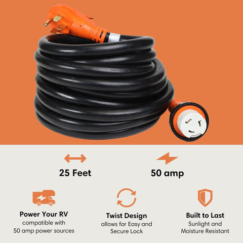 Heavy Duty 50 Amp Locking Extension Cord 25 Foot Black Beefed Up Industrial Grade Power Cable coiled with connectors shown