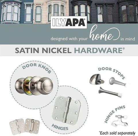 Passage Door Knob For Hall And Closet Doors In Satin Nickel Non Locking Interior Round Door Handle Colonial Finish No Fuss Install Universal Handing For Left Or Right Doors Durable Pack Of 10 shown with matching hardware accessories