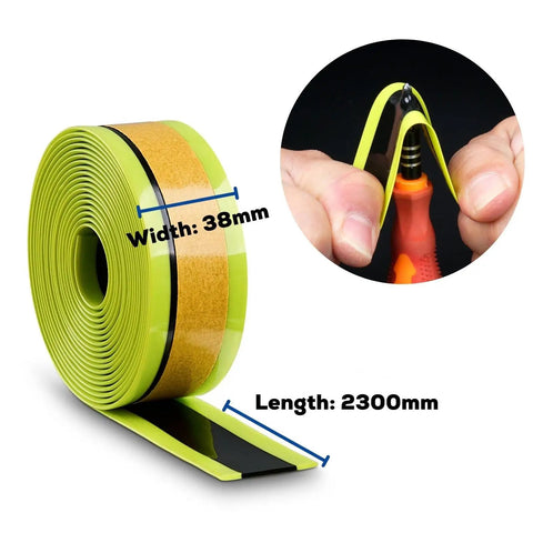 Self Adhesive Tire Liner For 1.95 To 2.125 Inch Tires, Flat Protection Inner Tube Shield, 38mm wide, 2300mm long, shown coiled with adhesive backing.