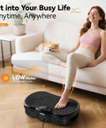 Woman using Full Body Vibration Plate Shake Platform for Home Gym Fat Burn and Toning with pet on sofa