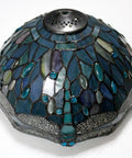 Lit Tiffany Style Sea Blue Stained Glass Table Lamp With Dragonfly Motif 12 Inch Wide Shade 18 Inch Tall Desk Reading Light
