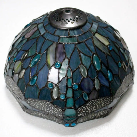 Lit Tiffany Style Sea Blue Stained Glass Table Lamp With Dragonfly Motif 12 Inch Wide Shade 18 Inch Tall Desk Reading Light