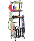 Alloy Steel 4 Tier Rolling Sports Equipment Storage Rack With Wire Mesh Shelves Ball Storage Organizer Removable Hooks