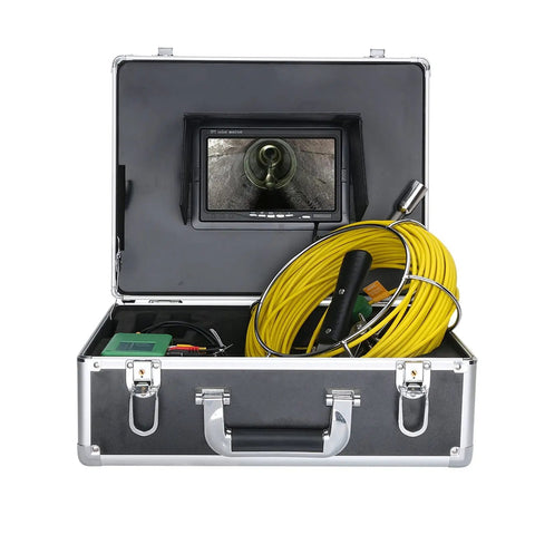 Heavy Duty Industrial Pipe Inspection Camera With 7 Inch Monitor Dual Lens 1080p HD IP68 Waterproof Sewer Drain Crawler Probe Kit in a portable case.