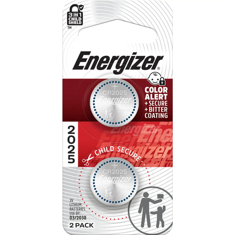 Top Shelf Heavy Duty 3V Lithium Coin Batteries 2 Pack With Kid Proof Housing and Smart Blue Dye Alert packaging displaying two CR2025 cells.