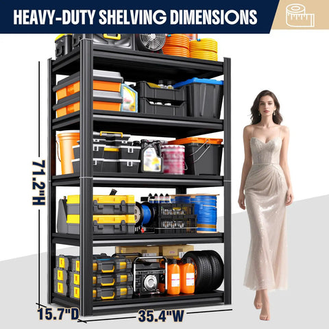 Beefy Heavy Duty Metal Garage Shelving Unit With Five Adjustable Shelves Stands 71.2 Inches Tall, 35.4 Inches Wide, 15.7 Inches Deep For Heavy Load Storage In Garage, Shop, Or Warehouse. 71.2in steel shelf with tools and bins