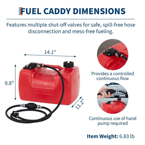 3 Gallon Marine Portable Gas Tank for Outboard Boats with line and I-shaped handle, dimensions shown