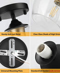 Modern Semi Flush Mount Ceiling Light With Clear Glass Shade, close-up of metal base, E26 socket, and mounting plate