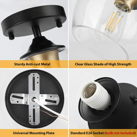 Modern Semi Flush Mount Ceiling Light With Clear Glass Shade, close-up of metal base, E26 socket, and mounting plate