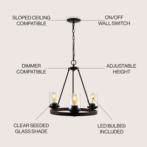 Oil Rubbed Bronze 20 Inch Three Light Rustic Farmhouse LED Chandelier With Wagon Wheel Design showcasing features and included items.