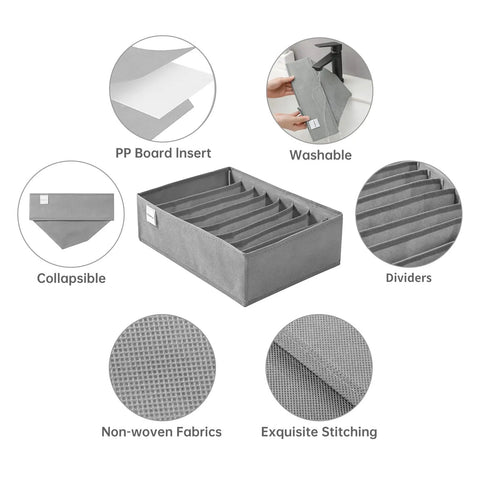 4 Pack T Shirt Drawer Organizers Set With 8 Grid Small Compartments And 5 Grid Medium Compartments showing materials and features