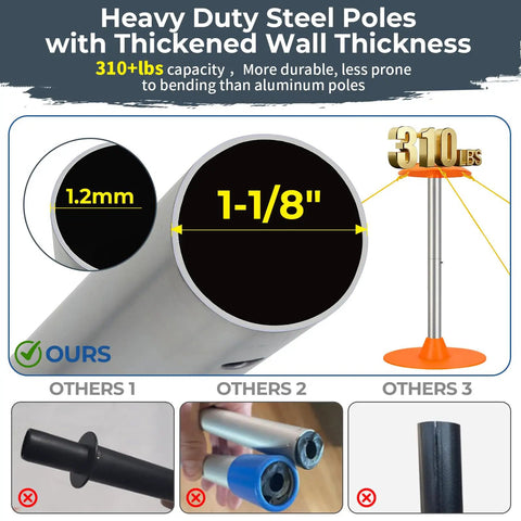 Boat Cover Support Poles With Anti-UV Ropes And 9-Inch ABS Base, thickened wall, 1-1/8 inch diameter steel illustration, 310 lbs strength.