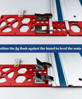 Upgraded Track Saw Guide Rail Square Delivers Flat Out Precise Ninety Degree Cuts On Standard Guide Tracks, red jig positioned for accurate alignment.