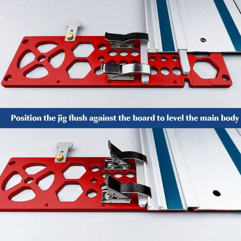 Upgraded Track Saw Guide Rail Square Delivers Flat Out Precise Ninety Degree Cuts On Standard Guide Tracks, red jig positioned for accurate alignment.