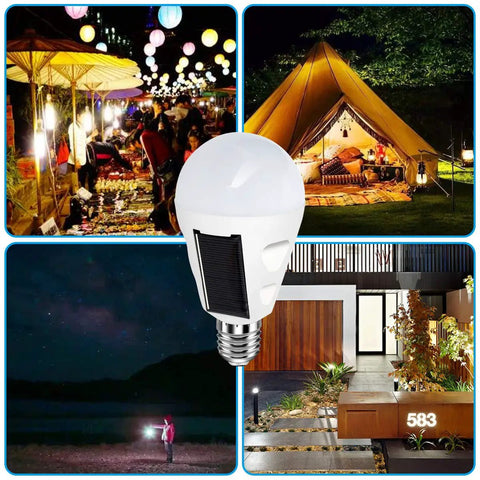 4 Pack Rechargeable Battery Backup LED Light Bulbs For E26 And E27 Bases Emergency Home Power Outage Lighting shown in various outdoor settings