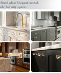 Crystal Glass Cabinet Knobs Set Of 6 With Screws, shown on elegant kitchen drawers with gold copper base.