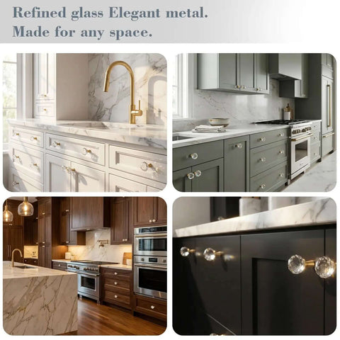 Crystal Glass Cabinet Knobs Set Of 6 With Screws, shown on elegant kitchen drawers with gold copper base.