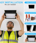 HITOO 8 Inch Square Recessed Ceiling Light, 3CCT, Dimmable, Black, 2 Pack installation steps with worker installing light.