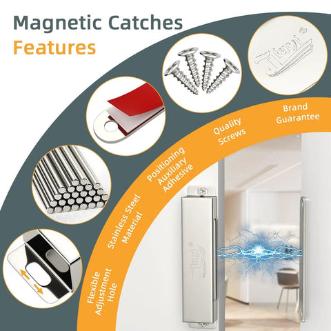 Image depicting features of 4 Pack Heavy Duty Magnetic Cabinet Door Catches With 90Lb Hold Stainless Steel Strong Magnetic Latch.