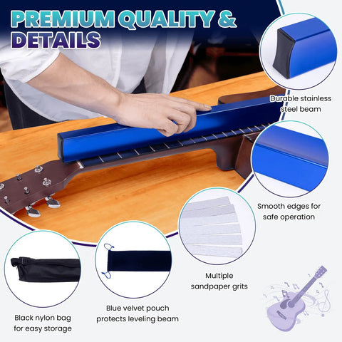 18 Inch Fret Leveling Beam Guitar Fret Leveler Kit With Complete Tool Set 12 Sandpaper Sheets From 120 To 1000 Grit Storage Bags DIY