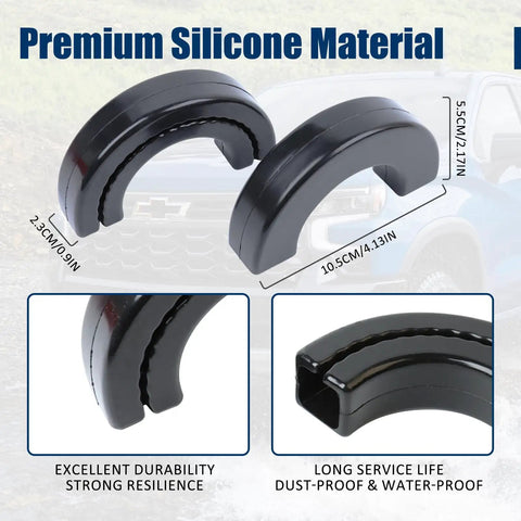 Chevy Silverado And GMC Sierra Tow Hook Covers 2 Pack Front Tow Hook Protector Black For 2007-2026 Silverado 1500 And 2007-2018 Sierra 1500 shown in premium silicone material and dimensions
