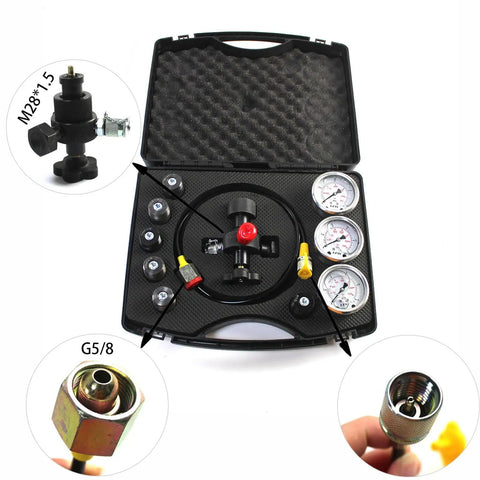Pro Grade Hydraulic Accumulator Charging Kit With Nitrogen Pressure Gauges In Aluminum Case Includes Three Gauges 1500, 4000, 6000 PSI And Seven Couplings For UNF BSP CGA And M Adapters Ideal For Quick Hydraulic Nitrogen Testing