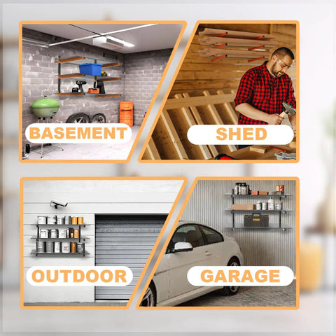 Beefy 9 Level Wall Mount Wood Storage Rack With 1080 Lbs Capacity, garage and shed shelving, folding orange brackets, 6-pack