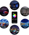 Starlight Fiber Optic Headliner Kit For Cars And Rooms with app control, shown in bedroom, bathroom, festival, store, bar, pool.