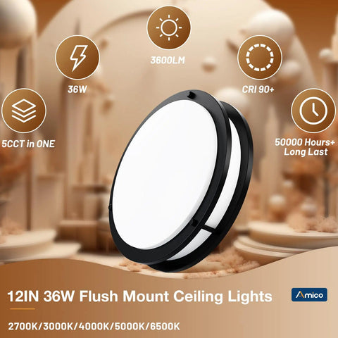 12 Inch Dimmable LED Ceiling Light Two Pack with 5CCT Adjustable Color Temperature 2700K 3000K 4000K 5000K 6500K 36W Black Modern Ceiling Fixture