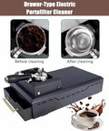 Auto Portafilter Cleaner Sweeping Up Spent Espresso Grounds With Zero Drama Using Durable Steel Knock Box And Nifty Brush Attachments For Slick Daily Cleaning At Your Home Or Commercial Bar in a before and after setup.