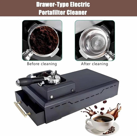 Auto Portafilter Cleaner Sweeping Up Spent Espresso Grounds With Zero Drama Using Durable Steel Knock Box And Nifty Brush Attachments For Slick Daily Cleaning At Your Home Or Commercial Bar in a before and after setup.