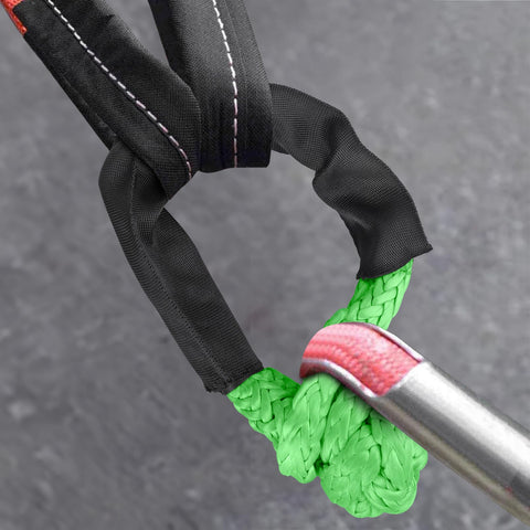 Two Pack Green Soft Shackle With 57,000 Lbs Breaking Strength Beefy Half Inch By 22 Inch Protective Sleeve in use with recovery rope