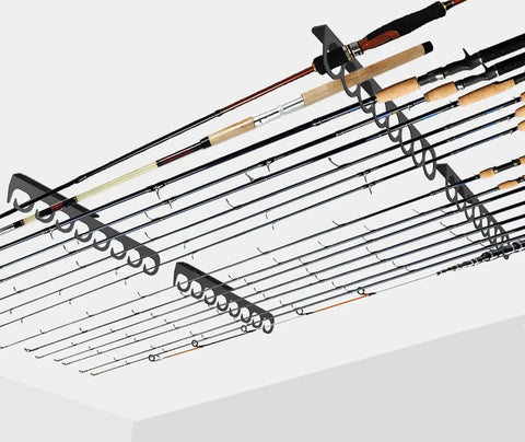 Ceiling Mounted Fishing Rod Rack Holds Up To 16 Rods, Adjustable Spacing For Vertical Or Horizontal Storage with rods installed