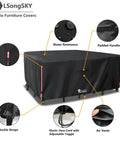 Waterproof 600D Heavy Duty Outdoor Furniture Cover for 6 To 8 Piece Patio Sets Including Sectional Sofa Chairs Ottomans and Coffee Table 111L 74W 28H Inches Black All Weather Protection with air vents and padded handles.
