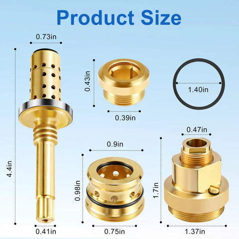Shower Valve Rebuild Kit With TA-10 Flow Spindle, TA-4 Hot Cold Seats, And T-12A Cap, brass parts with size dimensions