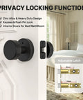Image showing the Matte Black Privacy Door Knob With Lock, Built To Last Heavy Duty Round Vintage Interior Door Handle For Bedroom And Bathroom, Fits Standard Doors 1 3 8 To 1 3 4 Inches installed on a bedroom door with an adjustable latch.