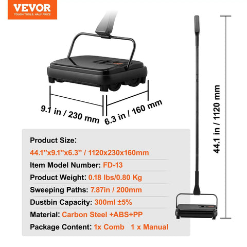 No Strings Attached Manual Carpet Sweeper For Hardwood Floors Tile And Area Rugs, dimensions and specifications displayed.