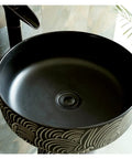 Hella Smooth Floor Standing Ceramic Vessel Sink With Top Shelf Rustic Industrial Pedestal Base For Courtyard Bathroom Or Balcony Decor And A High Gloss Porcelain Basin That Is Total Game Changer For Your Dream Wash Setup, close-up view of black glazed basin.