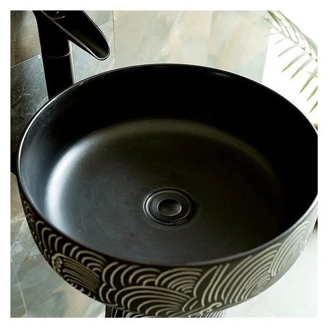 Hella Smooth Floor Standing Ceramic Vessel Sink With Top Shelf Rustic Industrial Pedestal Base For Courtyard Bathroom Or Balcony Decor And A High Gloss Porcelain Basin That Is Total Game Changer For Your Dream Wash Setup, close-up view of black glazed basin.