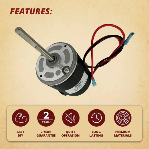 Road Trip Ready Rv Furnace 12V Dc Dual Shaft Blower Motor Replacement For Sf35 Sf42 Camper Models showing motor with shaft and wires.