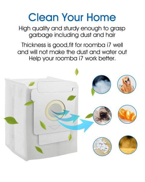 14 Pack Automatic Dirt Disposal Vacuum Bags For Roomba I Series S Series And J Series Replacement Bags shown with icons
