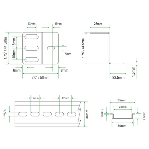 Technical drawing of a DIN Rail Mounting Bracket for 19 Inch Rack Systems Slotted Aluminum Alloy Beefy Rack Ears Kit
