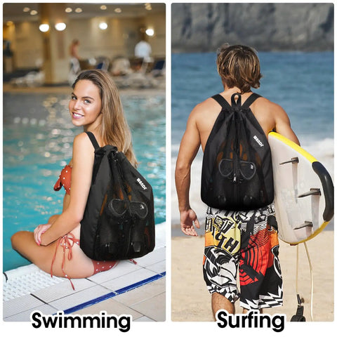 Medium Go-To Swim Bag For Swimmers With Full Open Mesh Beach Backpack in use, at poolside and beach, black, breathable mesh design