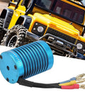 High Torque 4 Pole Brushless RC Motor 3000KV 13T for 1/10 Scale RC Cars, blue motor with yellow RC car in background