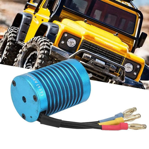 High Torque 4 Pole Brushless RC Motor 3000KV 13T for 1/10 Scale RC Cars, blue motor with yellow RC car in background