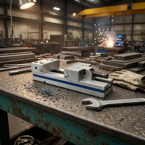 Heavy Duty Amagogo Bench Vise For Milling Machine With Rock Solid 5000 Kg Clamping Force Precision CNC Vice on workbench.