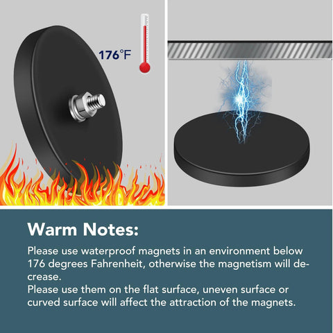 Front view: DIYMAG rubber-coated neodymium magnets, 6-pack, 2.6-inch diameter with M8 threaded studs and nuts, black