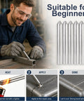 Man using Low Temperature Flux Core Welding Rods Kit, Melt With Just a Lighter, Not a Torch, for beginners in a workshop setting