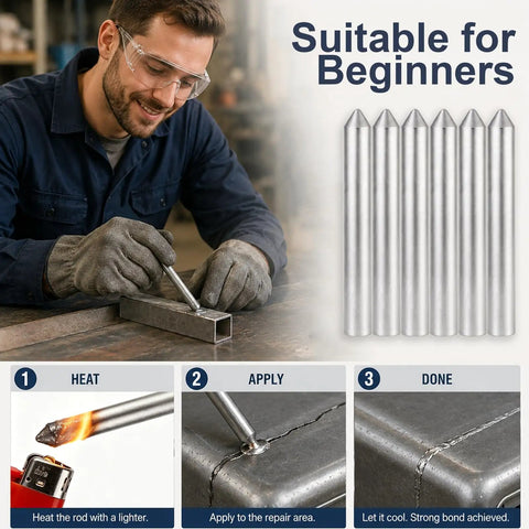 Man using Low Temperature Flux Core Welding Rods Kit, Melt With Just a Lighter, Not a Torch, for beginners in a workshop setting